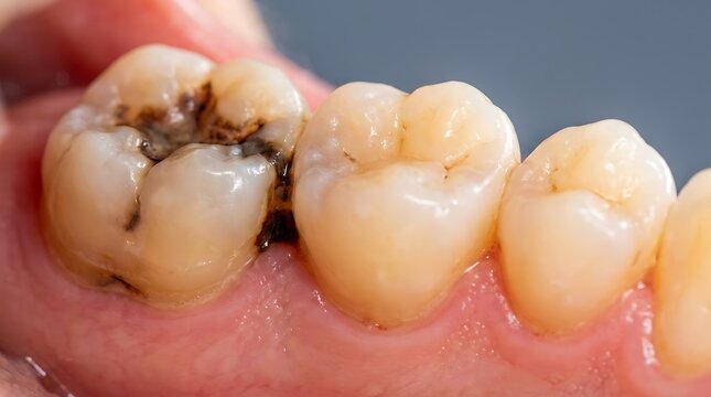 Macro close up shot of human molar teeth showing dark tooth decay and dental cavity on the chewing surface
