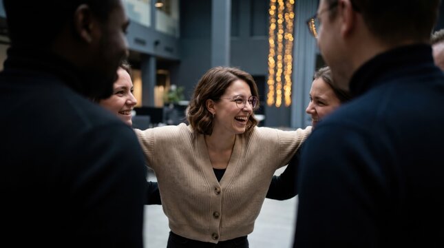Colleagues laughing during friendly workplace gathering in modern office, expressing connection, teamwork, and spontaneous happiness among diverse adult coworkers