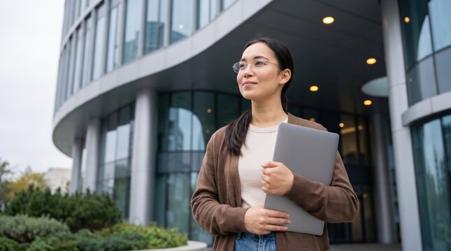 Woman holding laptop outside modern building with confident expression and professional appearance