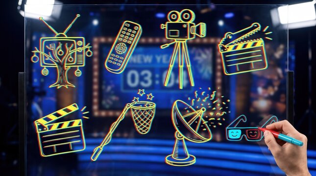 Person drawing 3D glasses, movie camera, satellite dish and TV studio icons, live television broadcast and midnight countdown coverage on New Year's Eve