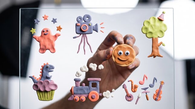 Hand pressing clay on glass with overlays of a ghost, video camera, tree, dinosaur, cookie, train and musical instruments, creative clay craft for New Year's Eve