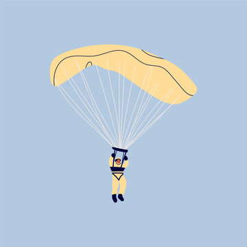 Skydiver flying with parachute. Tiny small cute character. Hand drawn trendy Vector illustration. Isolated design element. Paragliding, skydiving, parachute jump, extreme sport, activities concept