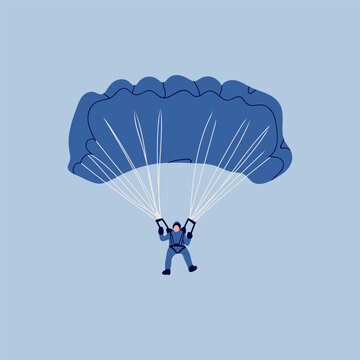 Skydiver flying with parachute. Tiny small cute character. Hand drawn trendy Vector illustration. Isolated design element. Paragliding, skydiving, parachute jump, extreme sport, activities concept
