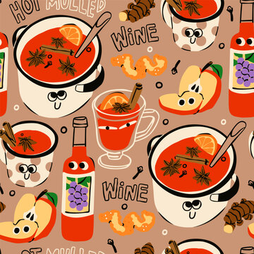 Mulled Wine cute characters with eyes. Hot drink with spices in pot, cup, mug, wine bottle. Cozy weather, autumn, Christmas concept. Hand drawn Vector illustration. Square seamless Pattern