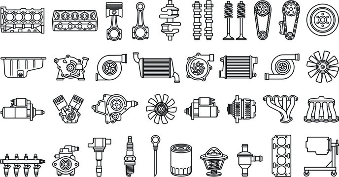 Car engine internal components and motor parts line icon set featuring piston crankshaft turbocharger alternator starter oil filter and automotive vector elements