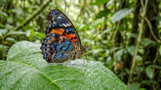 Colorful Butterfly Resting on a Green Leaf or Flower in a Summer Garden, Close-Up of Delicate Wings and Natural Beauty of Wildlife in Spring and Summer