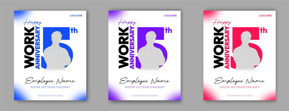 Happy 5th Work Anniversary Employee Recognition Poster Template Set in Blue Purple and Pink with Bold Typography, Concept of Five Years of Service, Career Achievement and Corporate Appreciation