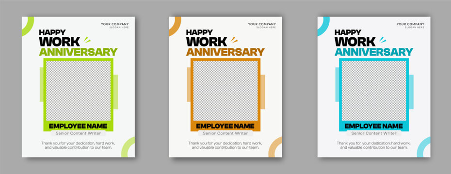 Happy Work Anniversary Employee Recognition Poster Template Set in Green Orange and Cyan with Bold Typography and Modern Geometric Design, Concept of Career Achievement and Corporate Appreciation