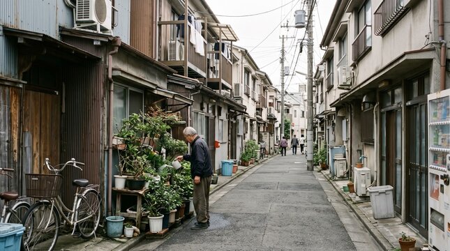 Elderly Japanese man watering potted plants in a narrow, traditional residential alleyway in Japan with parked bicycles