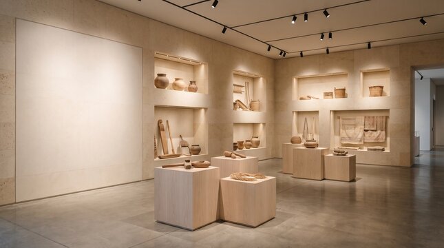 Minimalist museum exhibition hall with neutral stone walls, wooden pedestals, and ancient pottery artifacts in display niches