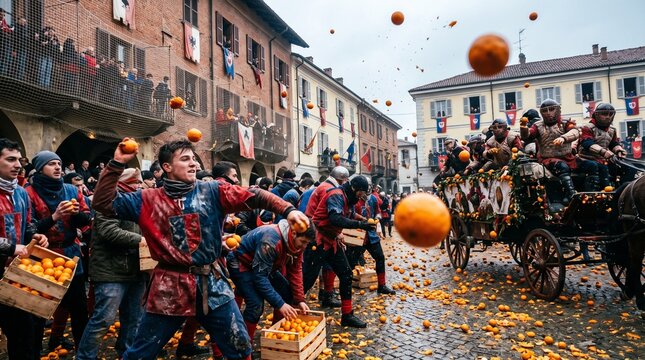 Historic Battle of the Oranges traditional carnival festival in Ivrea, Italy, with participants in medieval costumes throwing oranges