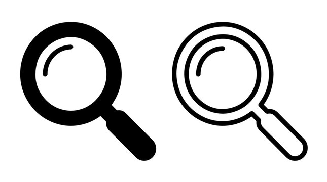 Black and outline magnifying glass icon set on plain background