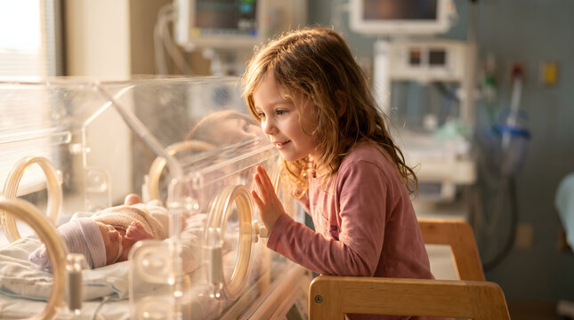 A heartwarming scene of a young girl with long brown hair gently looking at her newborn sibling resting inside a hospital incubator. The warm sunlight streams through a window, illuminating the ten...