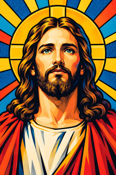 Jesus Christ Pop Art Illustration in Art Deco Style