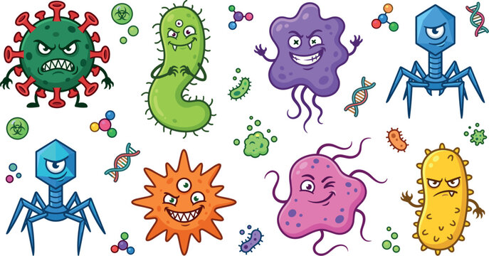 Cute Cartoon Bacteria and Virus Vector Character Set Featuring Dangerous Pathogens Microbial Germs Bacteriophages Molecules and DNA Elements for Educational Designs