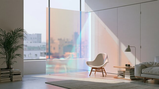 Modern Sunlit Living Room With Colorful Glass