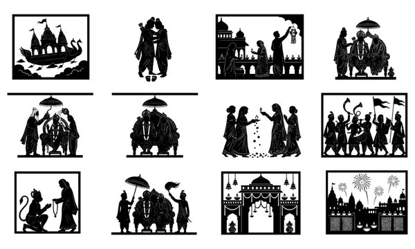 Ramayana Ayodhya Return and Diwali Celebration Silhouettes Set with Pushpaka Vimana Rama Bharata Milap Coronation Rajyabhisheka Hanuman Sita Pearl Garland Diya Lighting and Fireworks Vector Icons   