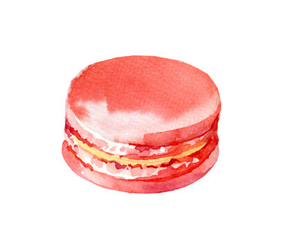 Watercolor French macaron sweet dessert isolated on white background. Hand drawn pastry food element for bakery, cafe, menu and decoration. Isolated illustration