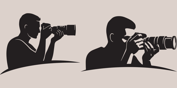 Photographer man holding professional camera with telephoto lens silhouette vector illustration set