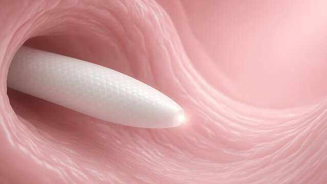 a slim soft silicone robotic probe gliding through a smooth soft-pink tubular intestinal tunnel