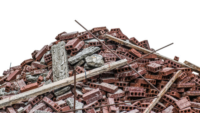 Pile of broken red bricks and concrete debris, isolated on transparent background