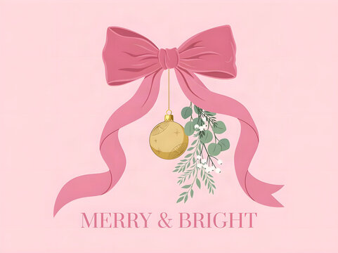 Coquette Pink Christmas Design with Velvet Bow and Merry & Bright Text