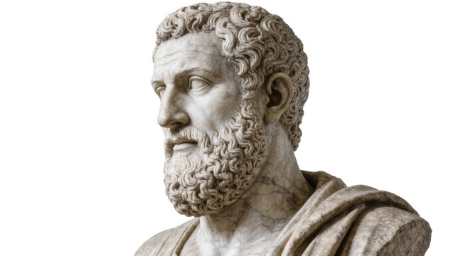 Marble bust of a bearded man with curly hair, isolated on transparent background