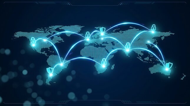 Global network connections with security locks and shields overlaid on world map visualization, representing cybersecurity and data protection in digital communication systems.