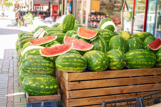 Alanya, Turkey, 22 July 2026: Fresh Watermelon Display at a Local Market in Alanya, Turkey