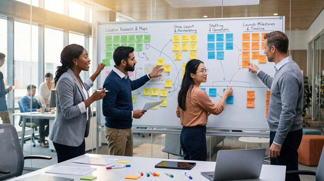 Business team work mapping or planning strategy roadmap on large whiteboard at modern office