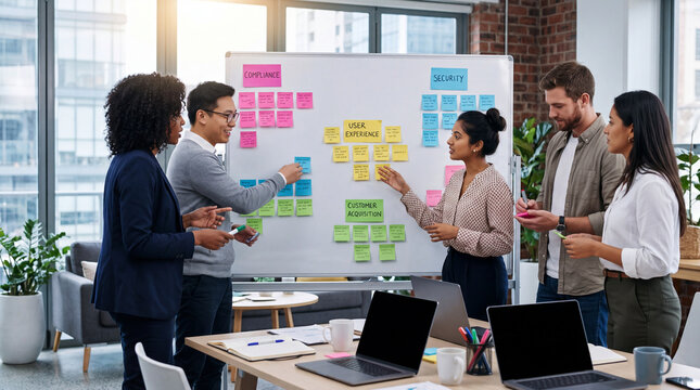 diverse teamwork planning strategy brainstorming and problem solving with colorful sticky papers on whiteboard at modern office