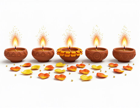 Diwali diyas glowing with petals on a white background