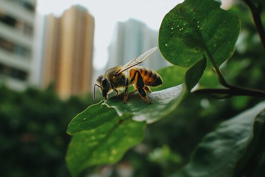 Close-up of a bee resting on a green leaf with modern city skyscrapers in the blurred background on a sunny day, generative ai