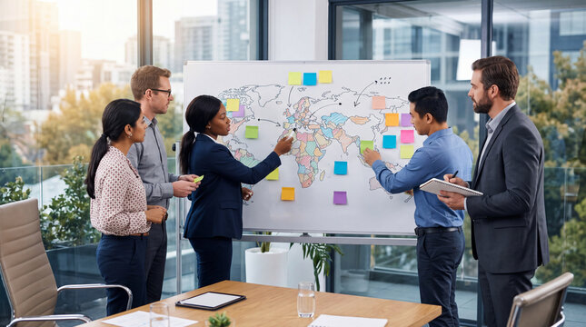 Business team work mapping or planning strategy roadmap on large whiteboard at modern office