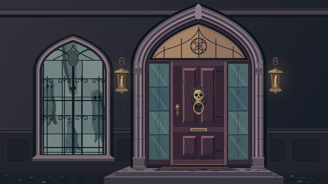 Halloween Haunted House Entrance with Ghosts in Window