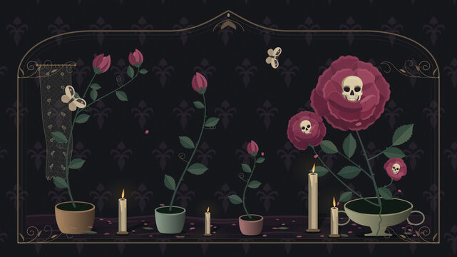 Halloween Skull Roses in Victorian Gothic Garden