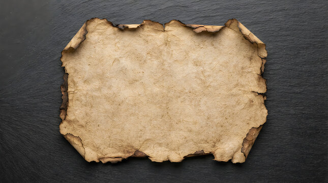 Old vintage paper scroll with burnt edges on a dark grey textured background