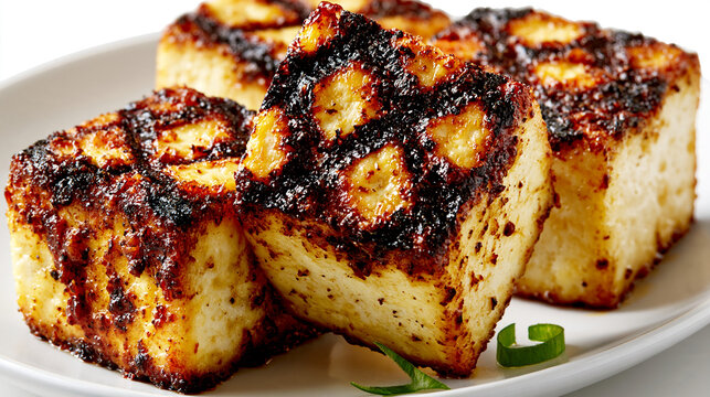 Crispy baked tofu cubes seasoned with savory sauce on white plate soy product bean curd