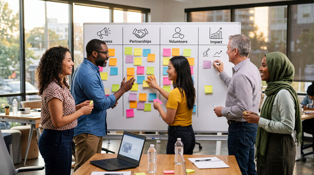 Business team work mapping or planning strategy roadmap on large whiteboard at modern office