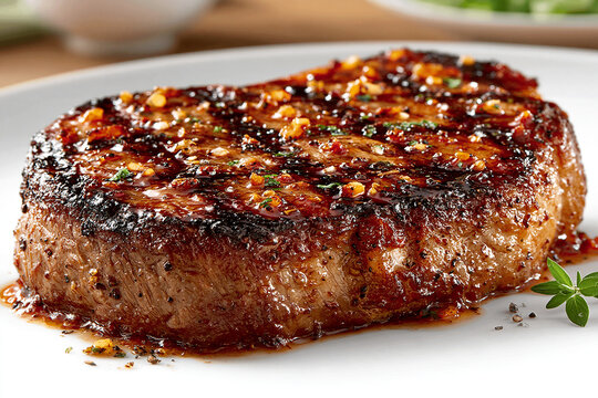 Grilled beef steak seasoned with herbs and spices on a white plate meat delicious
