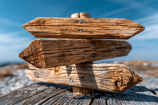 Stacked wooden fingerpost signposts pointing in multiple directions outdoors with wood sign