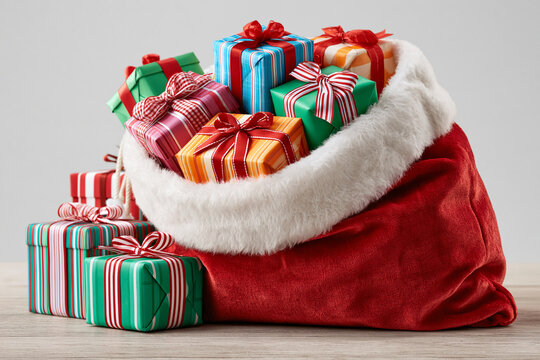 Red velvet sack overflowing with colorful wrapped gift boxes box gifts