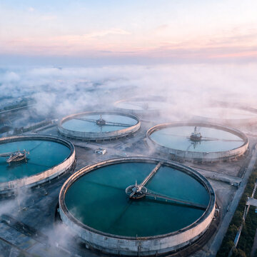 Aerial view of circular clarifier tanks at a wastewater treatment plant at dawn