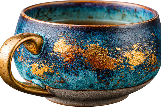A rustic handcrafted ceramic mug filled with dark tea featuring gold splatter accents