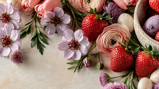 Fresh strawberries served with delicate pastel flowers and small chocolate eggs on table