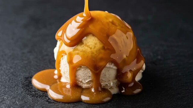 Mouth-watering close-up footage of thick golden caramel sauce dripping and pooling around a single vanilla ice cream scoop on a sleek dark surface, showcasing rich texture and glossy finish.