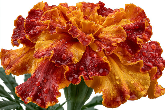 Close-up of a orange and red marigold flower bloom with dew drops