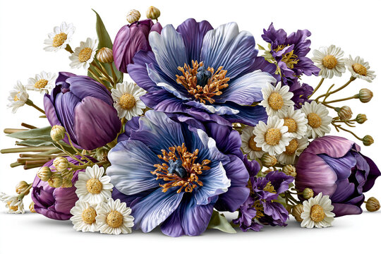 Bouquet of purple and white flowers with textured petals cut blossoms arrangement