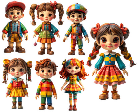 Diverse cartoon children dolls playing together