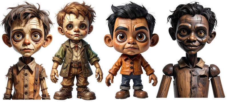 Diverse wooden puppet characters standing
